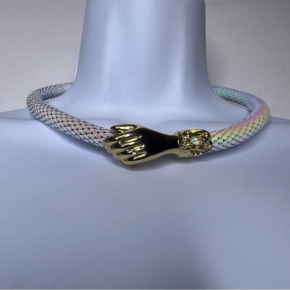 Vintage DL Auld Iridescent White Dragonscale Choker Mesh Snake Collar Necklace - Picture 8 of 11